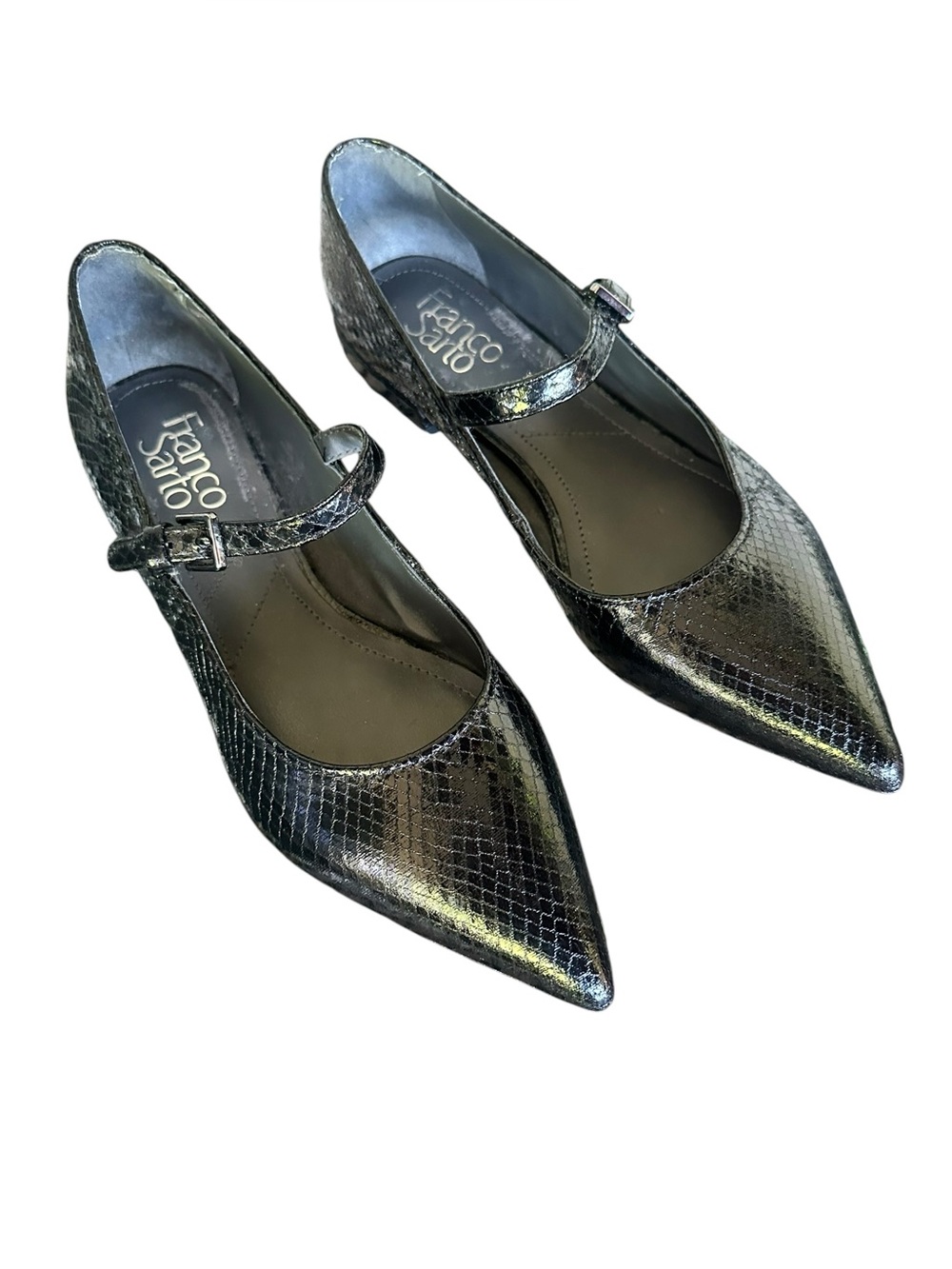 FRANCO SARTO Nalin Black Snakeskin Patent Leather Pointed Toe Mary Jane Flats - Picture 2 of 10